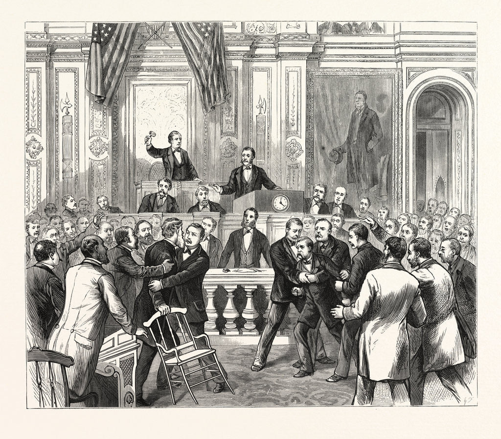 Detail of District of Columbia: Members of Congress Endeavoring to Prevent a Personal Encounter Between Messrs. Weaver of Iowa and Sparks of Illinois in the Hall of the Representatives by Anonymous