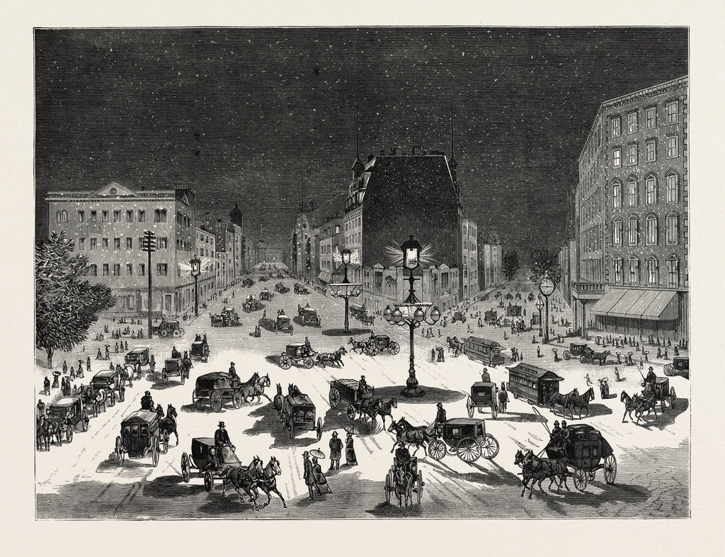 Detail of New York: Adapting the Brush Electric Light to the Illumination of the Streets, a Scene Near the Fifth Avenue Hotel by Anonymous
