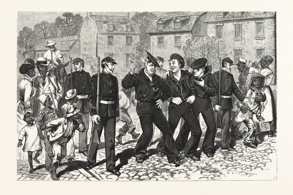 Detail of Virginia: After the Naval Review at Hampton Roads, Marines Gathering Delinquent Sailors in the Streets of Norfolk by Anonymous