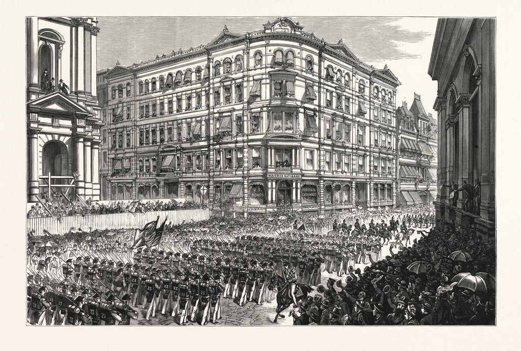Detail of Massachusetts: The Boston Celebration the Twenty-Third Regiment N.G.S.N.Y. Passing the Maverick National Bank Post Office Square by Anonymous