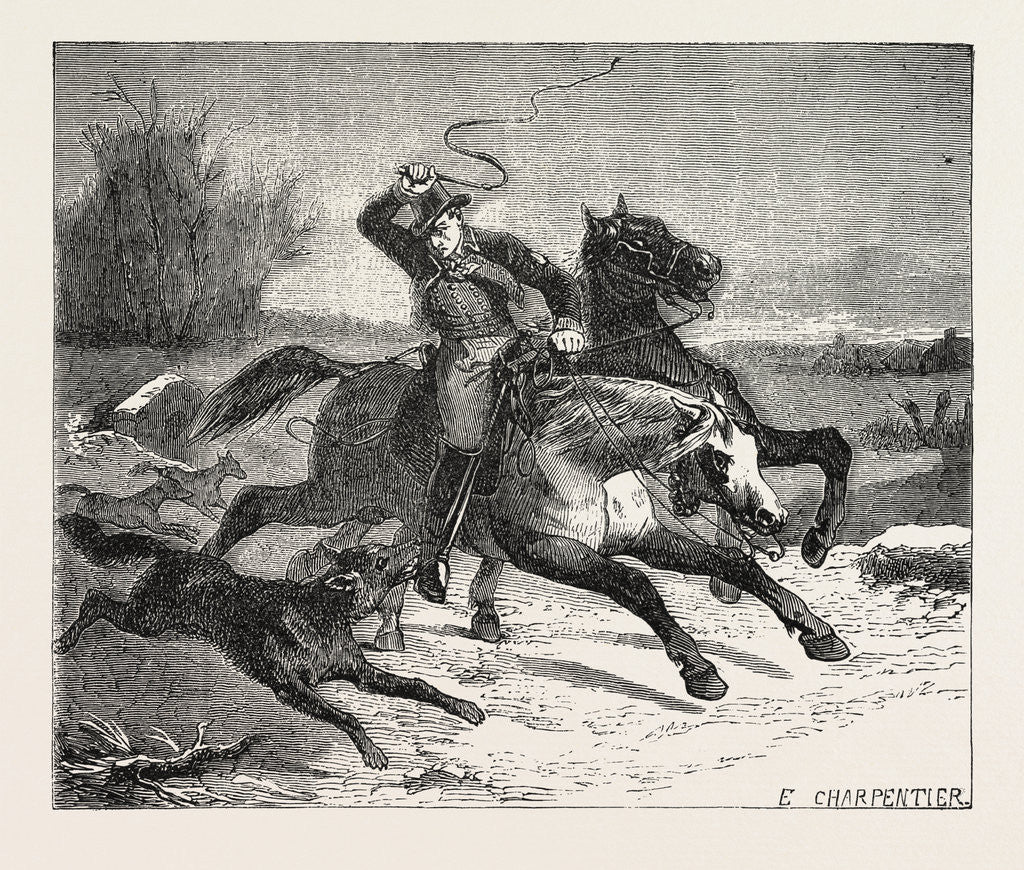 Detail of Salon of 1855. French School. Postilion Attacked by Wolves, Engraving by Anonymous