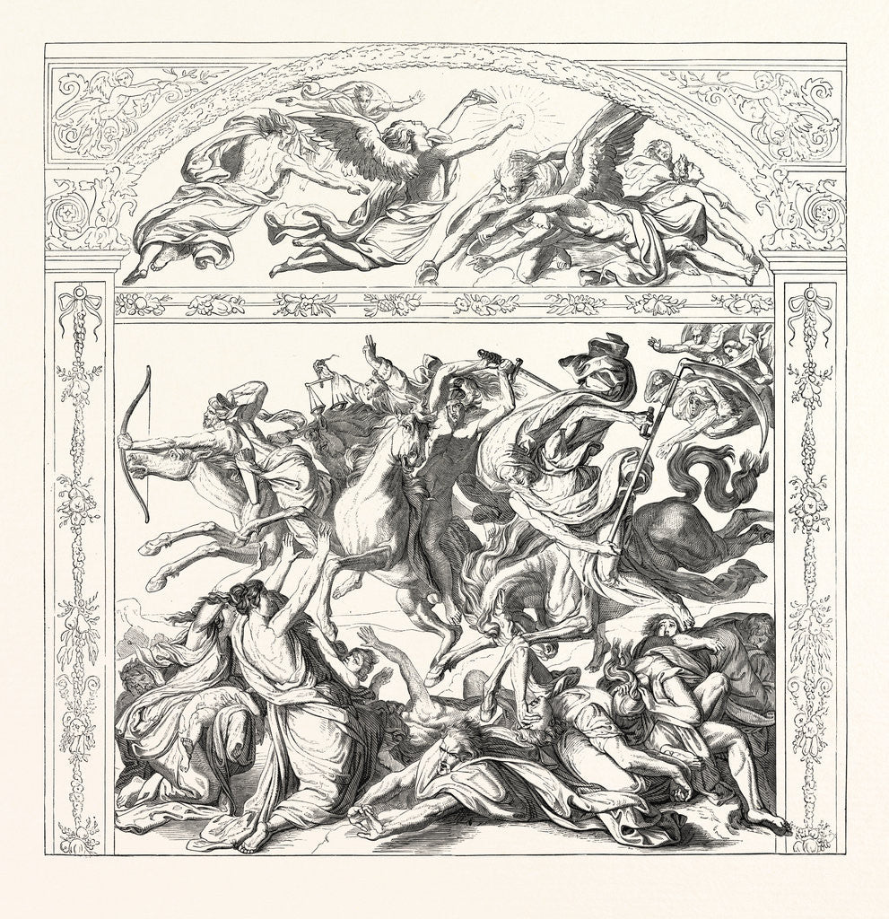 Detail of Salon of 1855. Prussian School. The Seven Angels and the Four Horsemen of the Apocalypse, Engraving by Anonymous