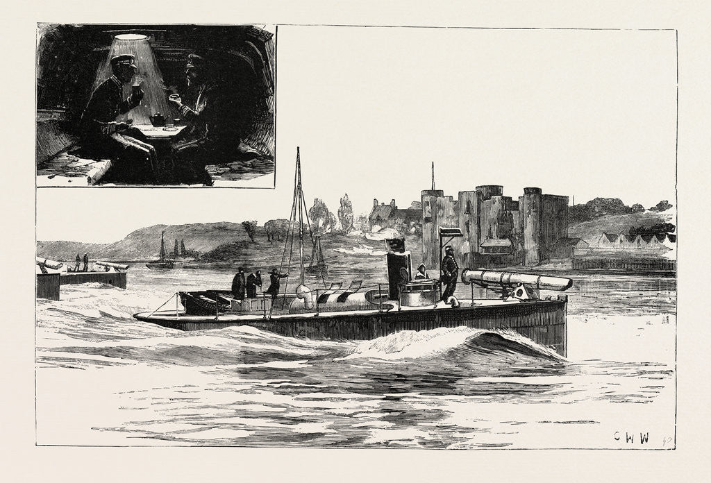 Detail of Ancient Defence and Modern Offence, Torpedo Boats Passing Upnor Castle by Anonymous