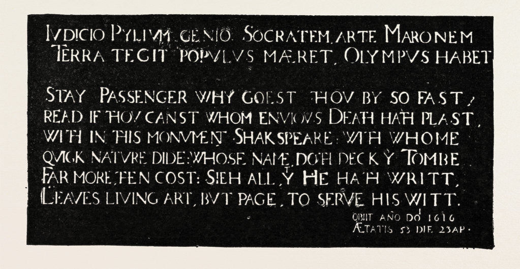 Detail of Inscription on the Memorial Tablet to Shakespeare, Holy Trinity Church, Stratford-on-Avon by Anonymous