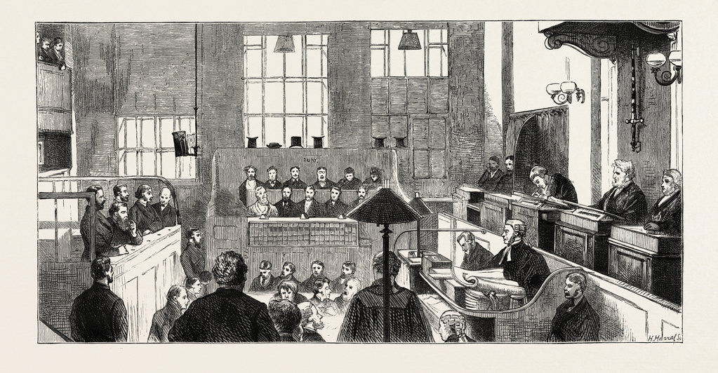 Detail of The Great City Forgeries: Trial of the Accused at the Central Criminal Court. Austin Biron Bidwell; George Macdonnell; George Bidwell; Edwin Noyes; Henry Avory, Esq., Clerk of the Court; Mr. Justice Archibald Alderman; Sir W.R. Carden by Anonymous