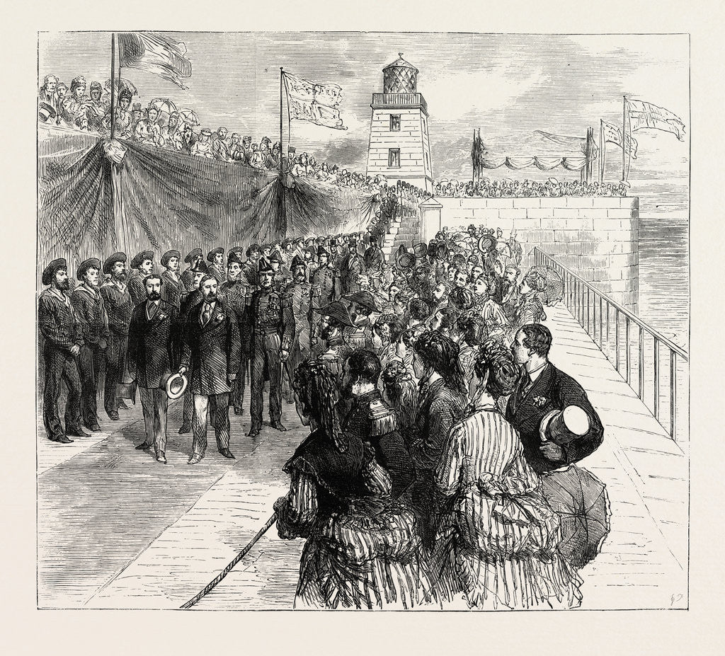 Detail of Inauguration of the Holyhead Breakwater and Harbour of Refuge by H.R.H. The Prince of Wales: The Prince of Wales and the Duke of Edinburgh Returning Along the Breakwater, Wales by Anonymous