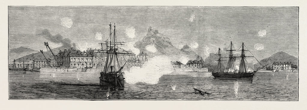 Detail of The Cartagena Insurrection, Spain: The Bombardment, Insurgent Frigates Firing from the Harbour on the Government Land Batteries by Anonymous