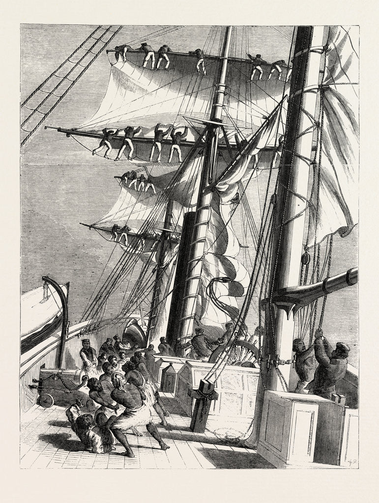 Detail of The Livingstone Expedition in Africa: H.M.S. Lynx, Sent for the Relief of the Expedition, Taking in Sail During a Squall by Anonymous
