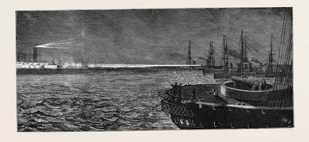 Detail of Before the Bombardment of Alexandria, Searching the Forts with the Electric Light, July 9, 1882 by Anonymous