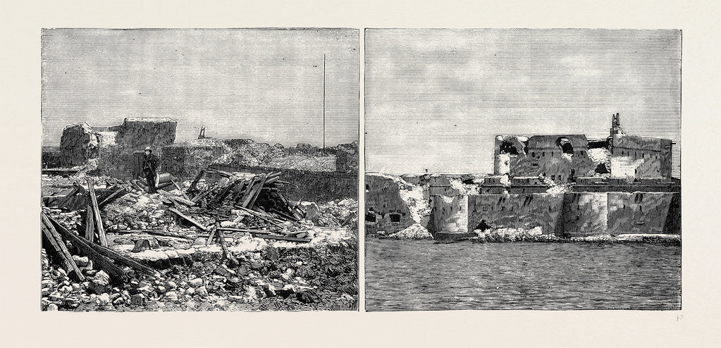 Detail of The War in Egypt, The Effect of the Bombardment: The Alexandria Forts: The Ruins of Fort Mex; Fort Pharos by Anonymous