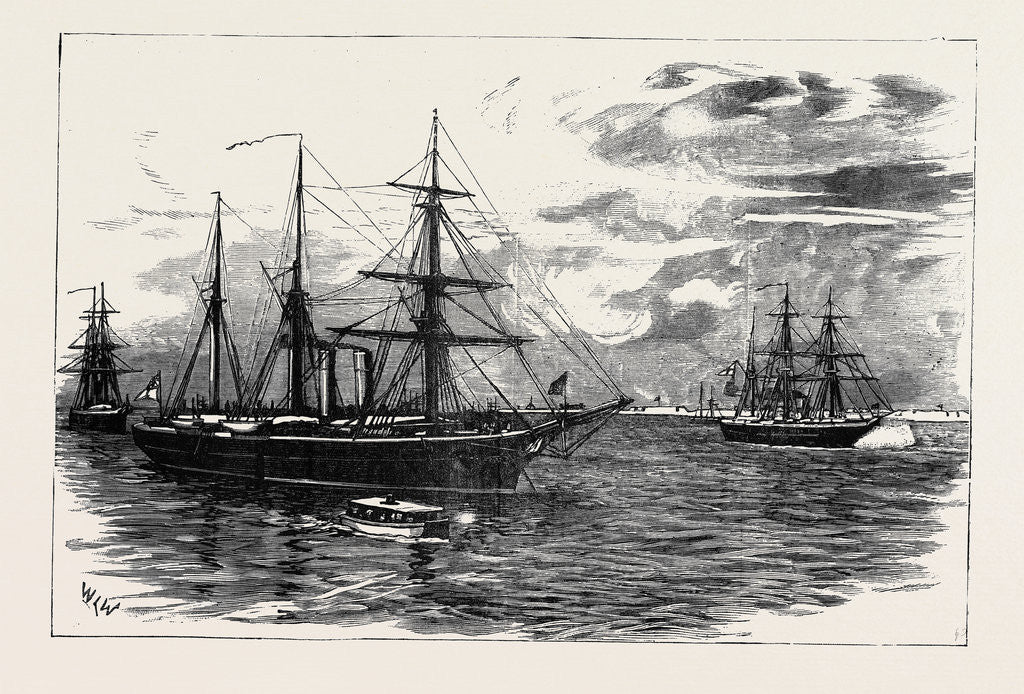 Detail of H.M.S. Iris with the Gunboats Beacon and Decoy Blockading Damietta by Anonymous