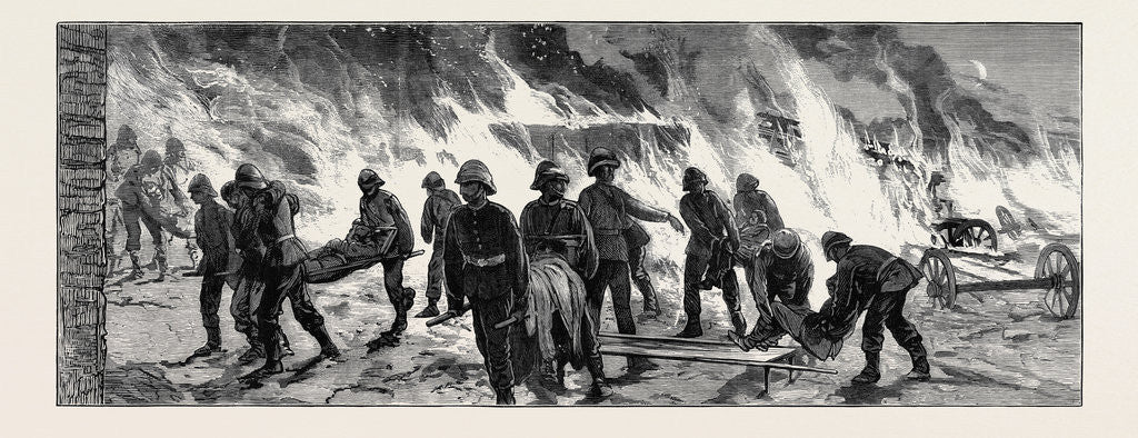 Detail of The War in Egypt, the Occupation of Cairo: After the Explosion at the Cairo Railway Station, Soldiers Carrying the Wounded Men of the 60th Rifles by Anonymous