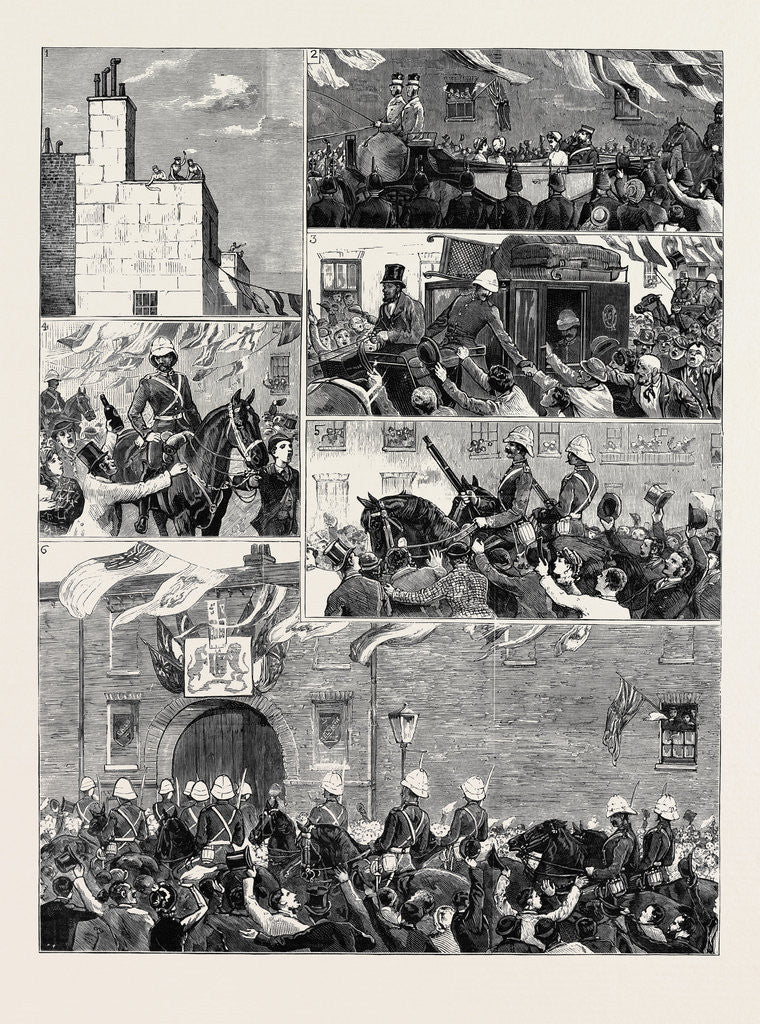 Detail of The Return of the Troops from Egypt, Scenes in the Streets During the March of the Royal Horse Guards (Blue) from the Docks to the Albany Street Barracks by Anonymous
