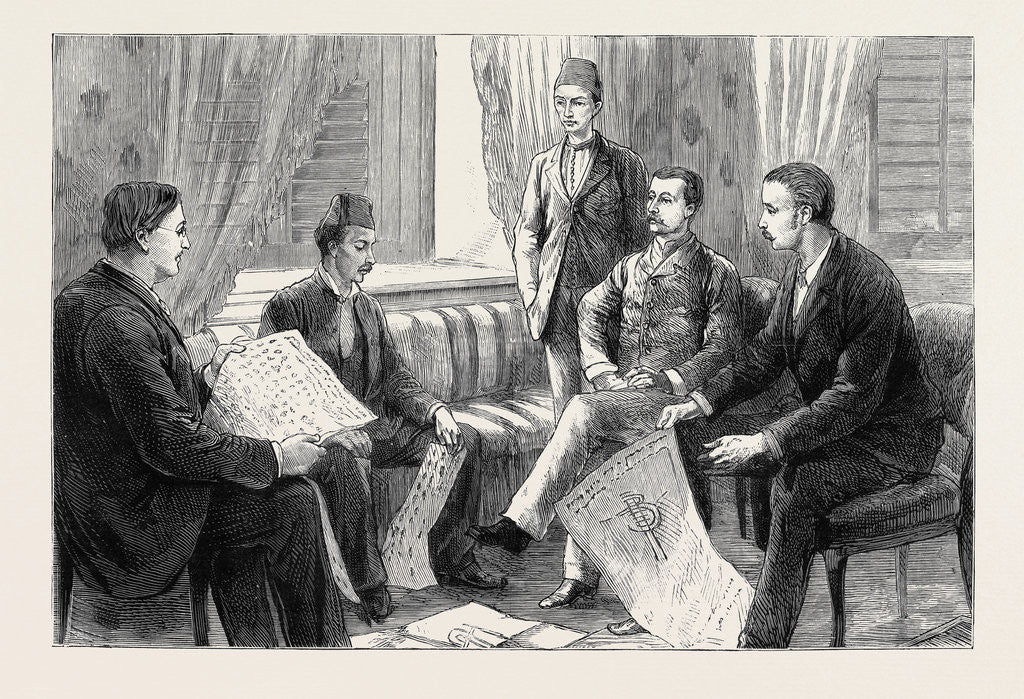 Detail of The Approaching Trial of Arabi, the Finding of the Important Papers: An Interview Between Mr. Broadley and Arabi's Son; Mr. A.M. Broadley (First from Left); Mr. Evans (Interpreter) (Fourth from Left); the Hon. Mark Napier (Fifth from Left) by Anonymous