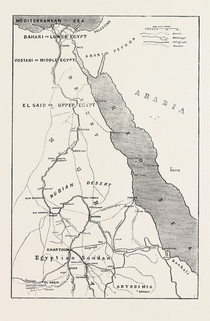 Detail of Map Showing Upper Egypt and the Seat of the Revolt the Routes Across the Desert to Khartoum and the Towns Where Egyptian Garrisons Are Beleaguered by Anonymous