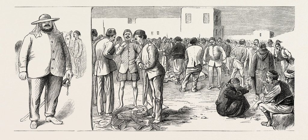 Detail of The Rebellion in the Soudan: A Suakim Scout Distribution of Uniforms to Turkish Bashi Bazouks in Front of the Commissariat Stores at Suakim by Anonymous