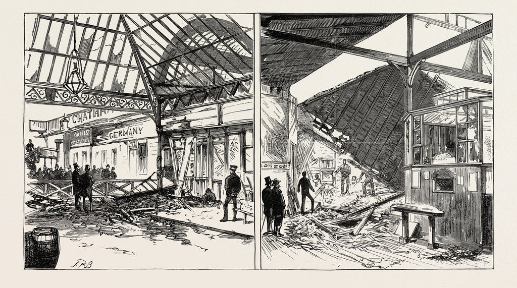 Detail of The Disastrous Explosion at Victoria Station London: Exterior View Showing the Damage to the Station of the Brighton Line (Left Image) the Wrecked Cloak Room Seen from the Booking-Office (Right Image) by Anonymous
