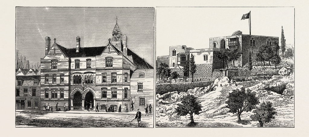 Detail of The Lowder Memorial Clergy House St. Peter's London Docks Opened by Earl Nelson (Left Image) British Ophthalmic Hospital and Hospice of the Order of St. John at Jerusalem (Right Image) by Anonymous