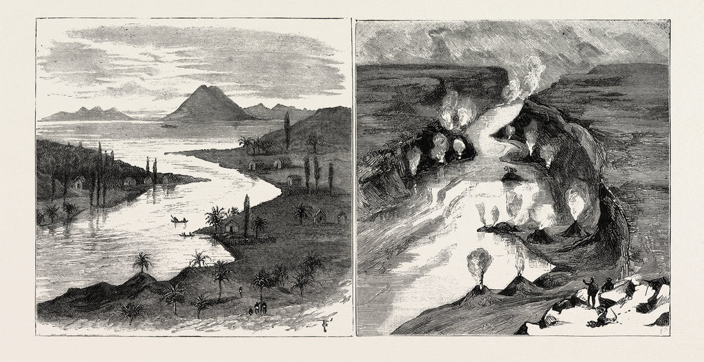 Detail of Exploration in the King Country North Island New Zealand: Source of the Upper Waikato River at Lake Taupo (Left Image) Upper Waikato River Near Lake Taupo Showing Terrace Formation of Pumice Rock and Boiling Springs (Right Image) by Anonymous