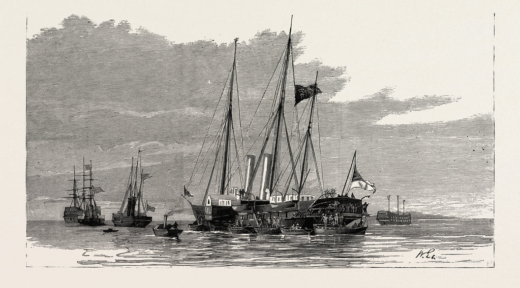 Detail of The Late Duke of Albany: The Royal Yachts Osborne and Alberta and the Admiralty Yacht Enchantress Being Draped in Black in Portsmouth Harbour the Evening Before Their Departure for Cherbourg by Anonymous