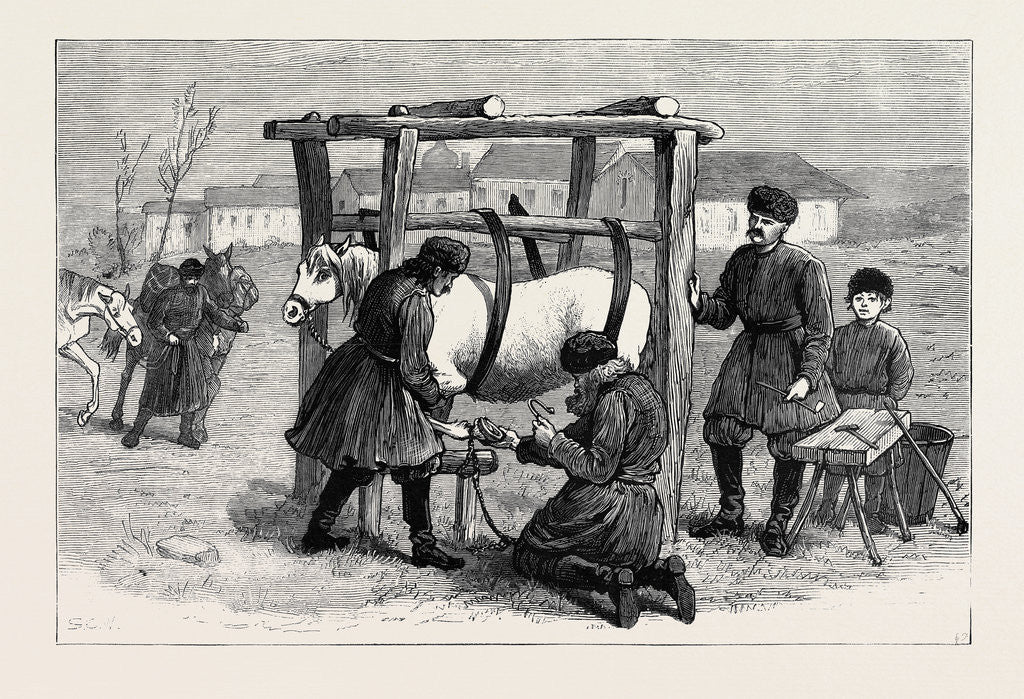Detail of The Eastern Question, Russia: Shoeing Horses in the Camp at Kischineff by Anonymous