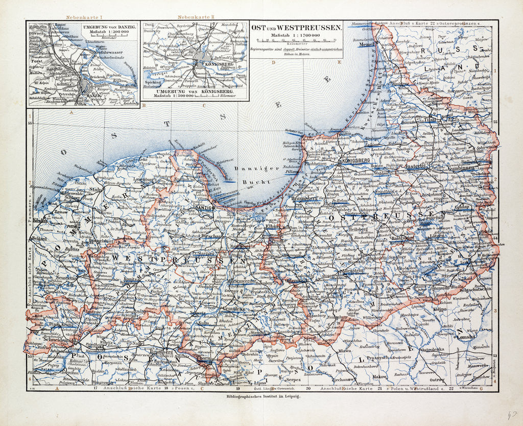 Detail of Map of East and West Prussia Königsberg (Kaliningrad Russia) and Danzig (Poland) 1899 by Anonymous