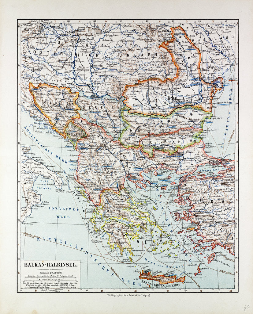 Detail of Map of Austria-Hungary Greece Serbia Bosnia and Herzegovina Romania Bulgaria Macedonia Montenegro and Crete Albania Bulgaria 1899 by Anonymous