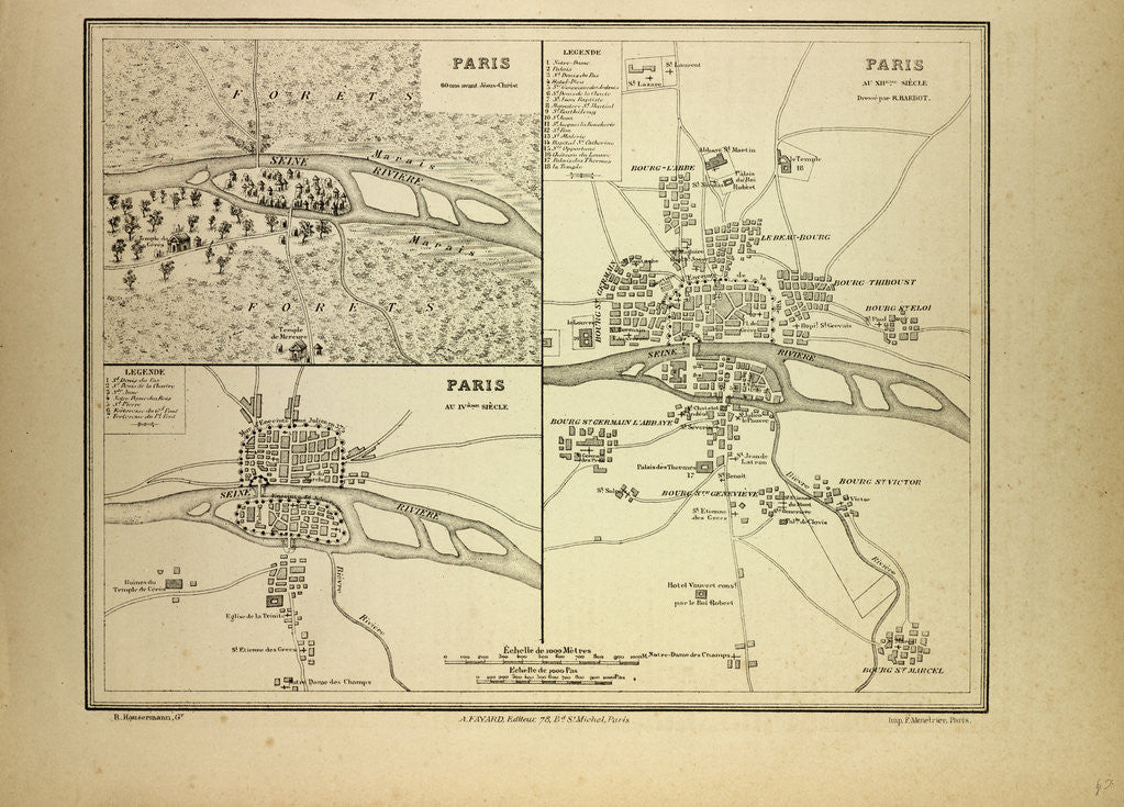 Detail of Map of Paris in 60 B.C. In the 4th Century and in the 12th Century France by Anonymous