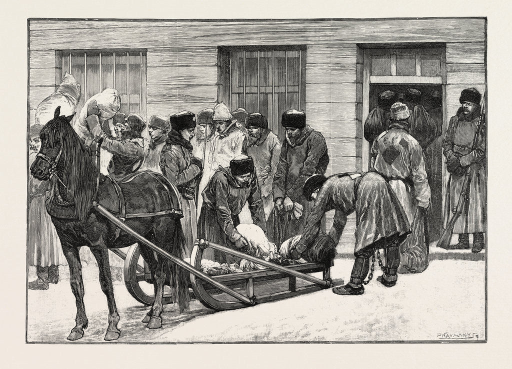 Detail of Sketches in Siberia Courtyard of the Prison for Criminals at Krasnoiarsk: Prisoners on Their Arrival at Krasnoiarsk Unloading Sledges by Anonymous
