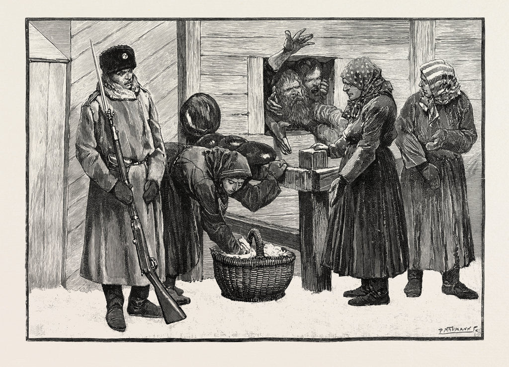 Detail of Sketches in Siberia Courtyard of the Prison for Criminals at Krasnoiarsk: Peasant Women Selling Bread Tea and Sugar to Prisoners. by Anonymous