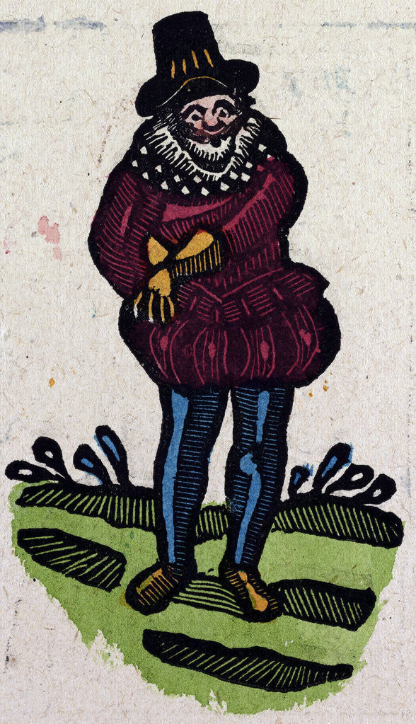 Detail of Illustration of English Tales Folk Tales and Ballads. A Man in Colourful Clothes Reaching for Something in His Pocket. by Anonymous