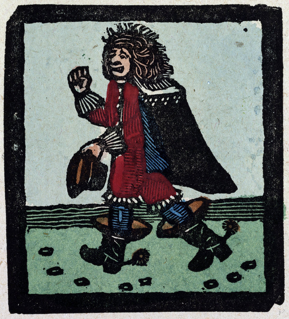 Detail of Illustration of English Tales Folk Tales and Ballads. A Man Wearing Red Clothes a Cape and Black Boots by Anonymous