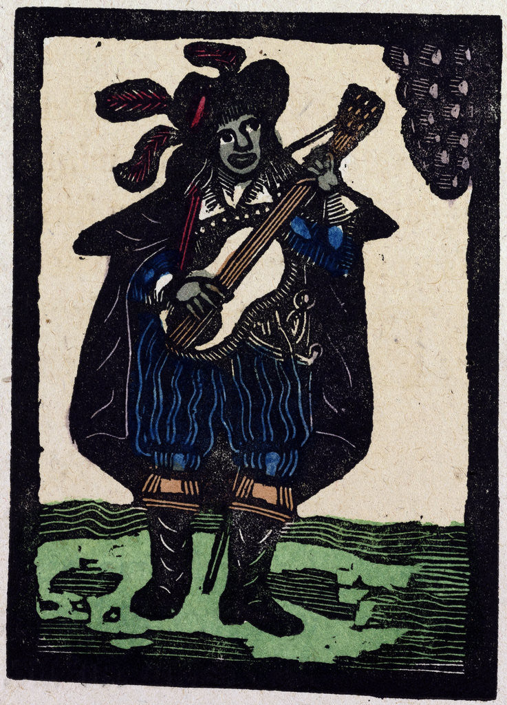 Detail of Illustration of English Tales Folk Tales and Ballads. A Man Dressed in Blue Playing a Guitar by Anonymous