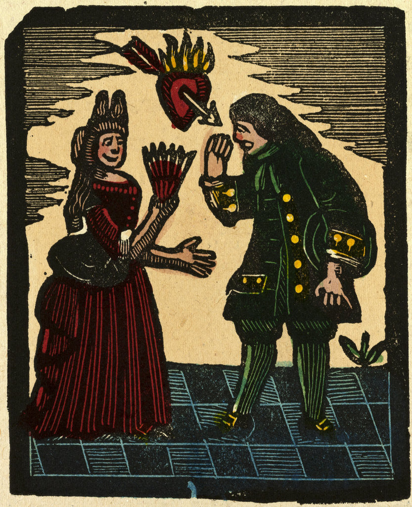 Detail of Illustration of English Tales Folk Tales and Ballads. A Woman and a Man with above Them a Burning Heart Pierced by an Arrow by Anonymous