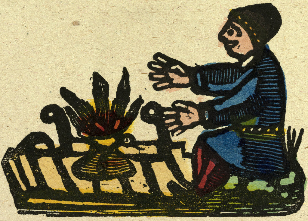 Detail of Illustration of English Tales Folk Tales and Ballads. A Man Warming His Hands at a Fire by Anonymous