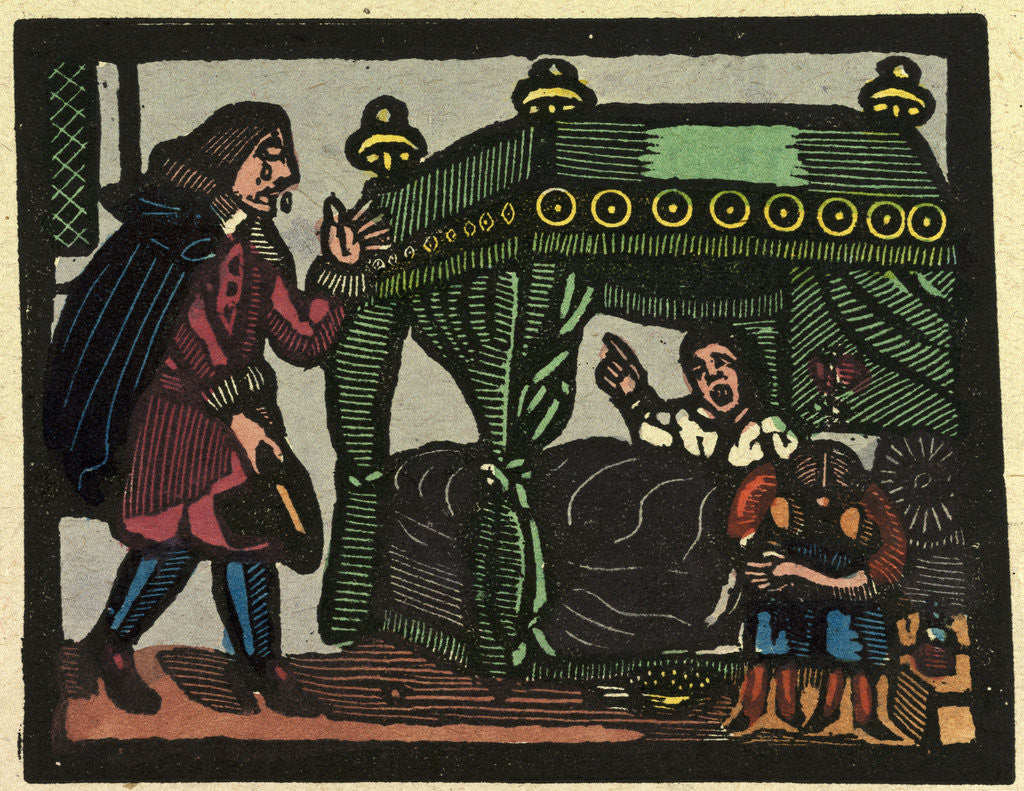 Detail of Illustration of English Tales Folk Tales and Ballads. A Man in Tears Being Addressed by a Woman from a Canopied Bed by Anonymous