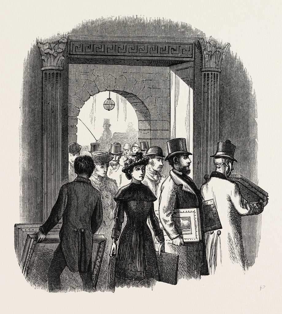 Detail of The Royal Academy: The Entrance from the Quadrangle of Burlington House: Taking in in the Hall by Anonymous