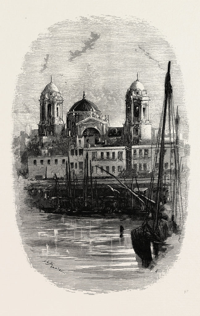 Detail of Cathedral of Cadiz, from the Harbour, Spain by Anonymous