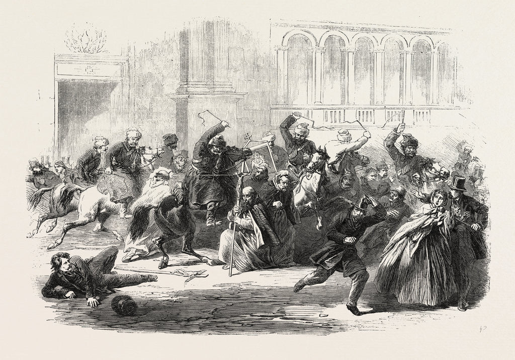 Detail of The Recent Outbreak at Warsaw: The Religious Procession Proceeding from the Church of the Bernardins Attacked by the Cossacks by Anonymous