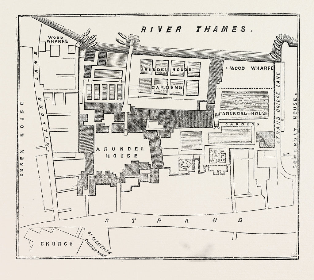 Detail of Fire in the Strand Site of Arundel House: Ground-Plot of Arundel Rouse and Gardens. (the Dark Line Encloses the Premises.) London UK 1854 by Anonymous