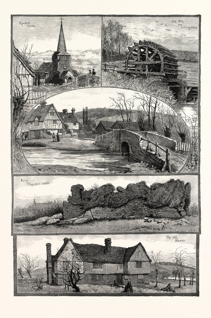 Detail of Eynsford, Kent, UK, 1887. Eynsford Church, Old Mill Near Lullingstone, the Bridge, Ruins of Eynsford Castle, the Old Manor by Anonymous