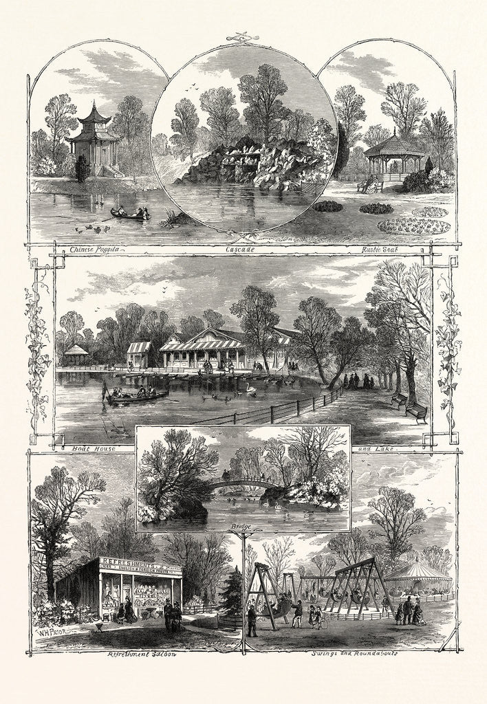 Detail of The Queen's Visit to Victoria Park: Views in the Park, London, 1873. Chinese Pagoda, Cascade, Rustic Seat, Boat House and Lake, Refreshment Saloon, Swings and Roundabouts by Anonymous