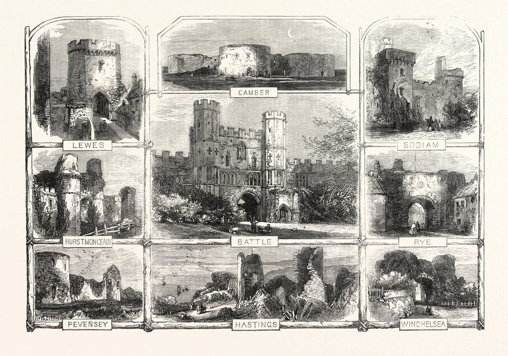 Detail of Places Near Hastings Visited by the British Archeological Association: Lewes, Hurstmonceaux, Pevensey, Camber, Battle, Hastings, Bodiam, Rye, Winchelsea, UK, 1866 by Anonymous