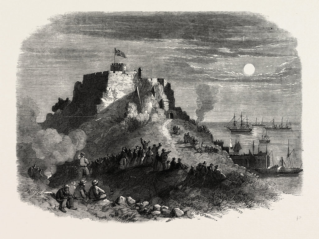 Detail of The Queen's Visit to Jersey. Moonlight View of Mont Orgeuil Castle, with the Royal Squadron Lying at Anchor, 1859 by Anonymous