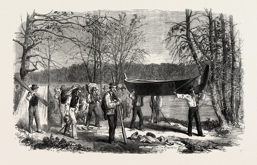 Detail of The Assinniboine and Saskatchewan Exploring Expedition: Portaging a Canoe and Baggage, 1858 by Anonymous