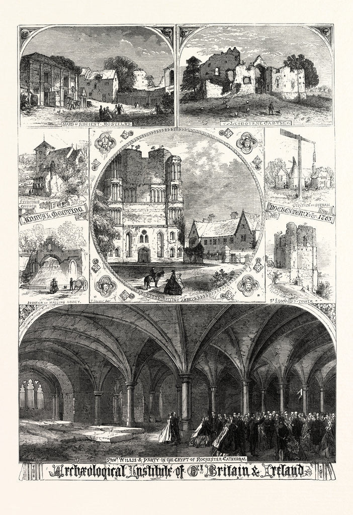 Detail of Professor Willis and Party in the Crypt of Rochester Cathedral. Malling Abbey. Leybourne Church and Castle. Yard of Ancient Hostelry. 1863 by Anonymous