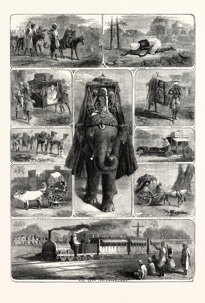 Detail of Modes of Travelling in India: Tramps, Hindu Pilgrim, Palky Dawk, Camel Caravan, a Bhylie, Riding Elephant, Travelling Beggar, Charry Dawk, an Ekha, the East Indian Railway by Anonymous