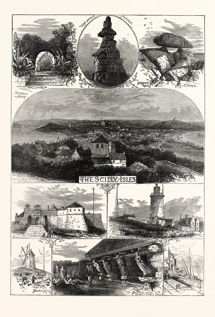 Detail of Sketches in the Scilly Isles, 1874. Chrysalis Rock, Star Castle, St. Agnes Lighthouse, Summer House, Tresco Abbey by Anonymous