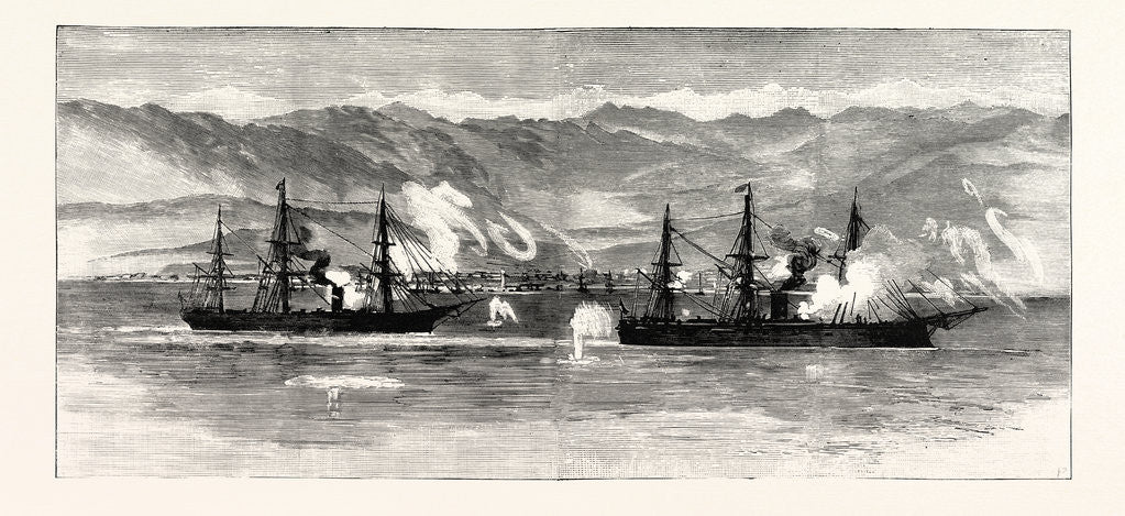 Detail of The Civil War in Chile: Insurgent War Ships Exchanging Shots with the Town of Iquique by Anonymous