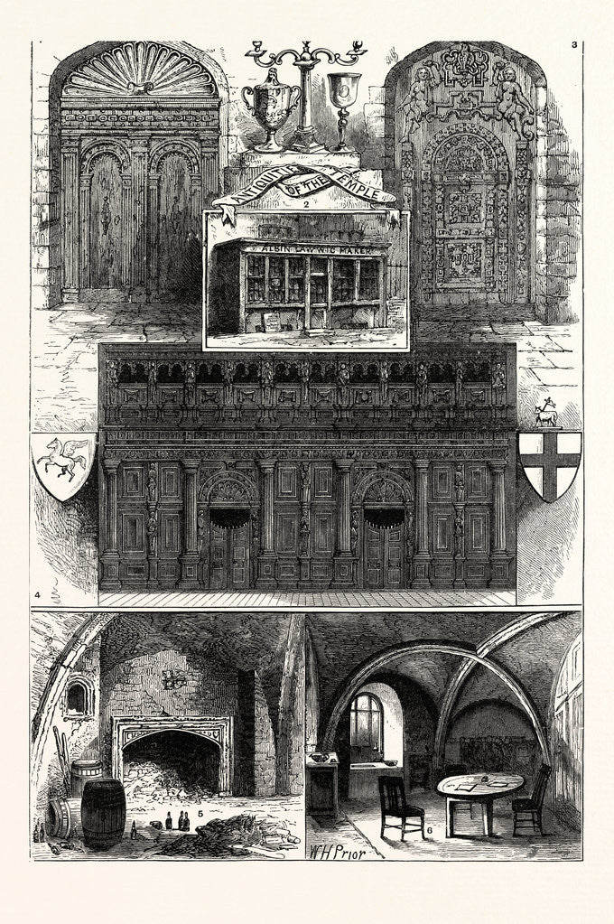 Detail of 1. Door from the Middle Temple. 2. Wig-Shop in the Middle Temple. 3. Door from the Inner Temple. 4. Screen of the Middle Temple Hall 5. Fireplace in the Inner Temple. 6. Buttery of the Inner Temple. by Anonymous